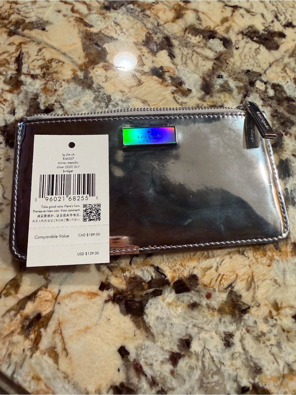 KATE SPADE NWT Iridescent Metallic Silver Wallet Card Case Zip Coin Slot